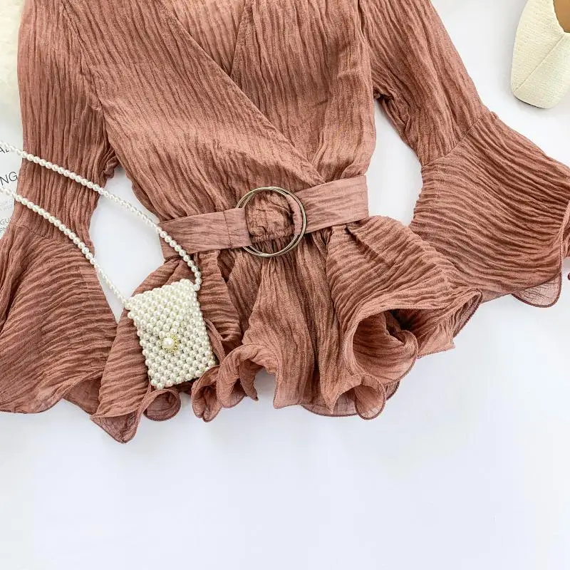 

Women Blouse Long Sleeve Chiffon Top Elegant Sashes Autumn Women Blouse 2021 V Neck Korean Style Ruffle Bandage Shirt