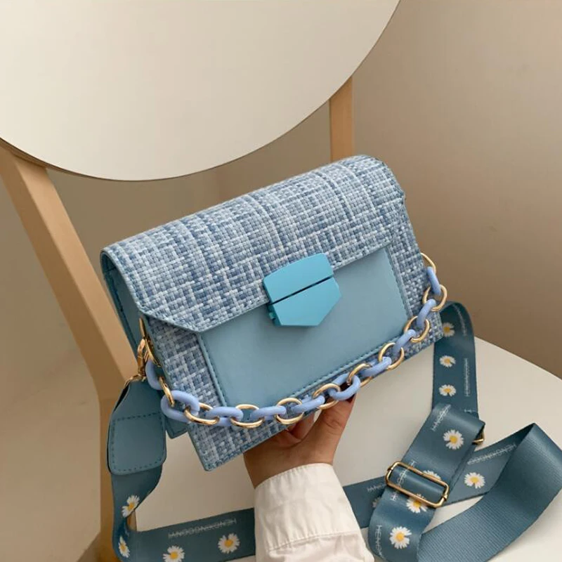 

Wide Strap Shoulder Bags for Women 2021 New Designer Luxury Lady Handbags and Purses Fashion Chain Messenger Crossbody Bags