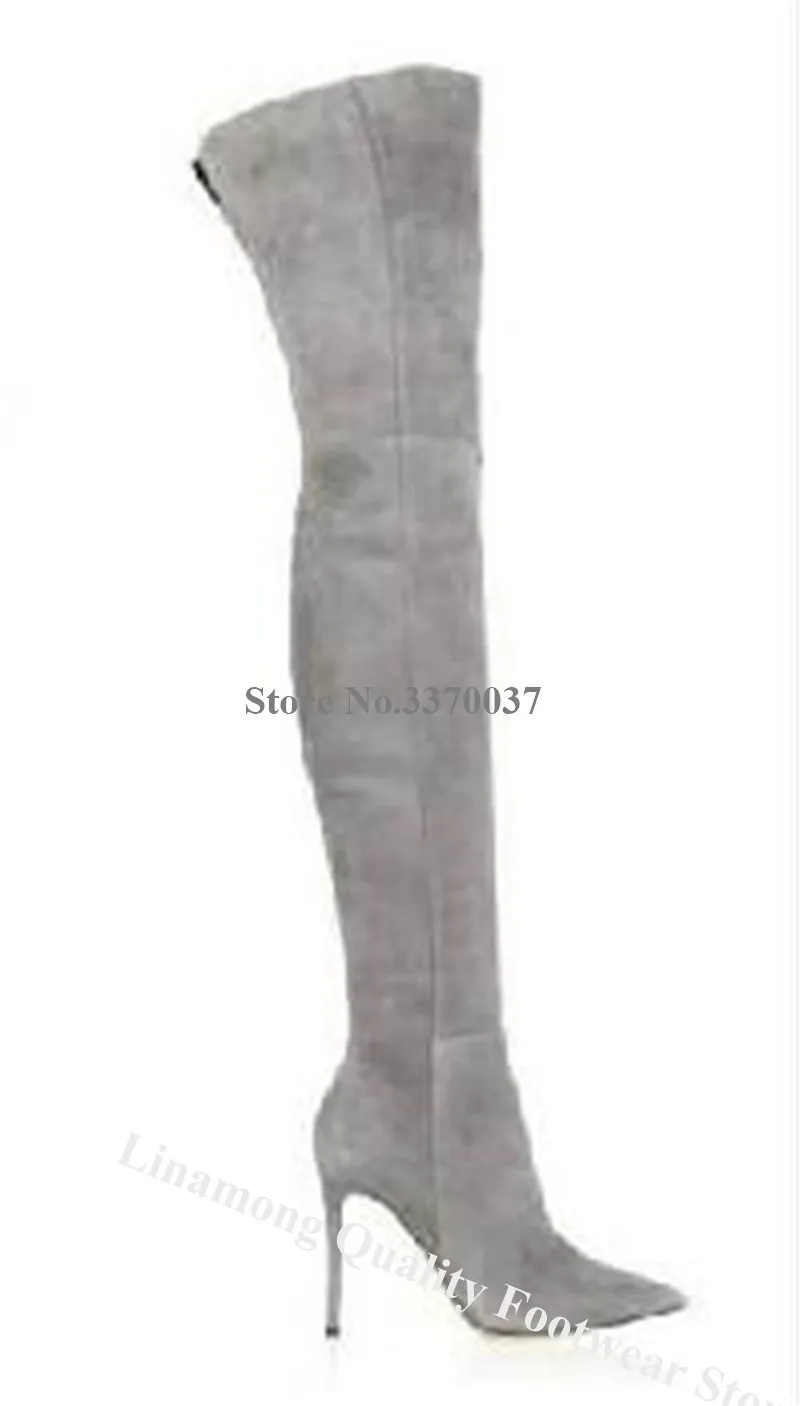Брендовый дизайн заостренный носок замша кожа выше колена шпилька сапоги синий