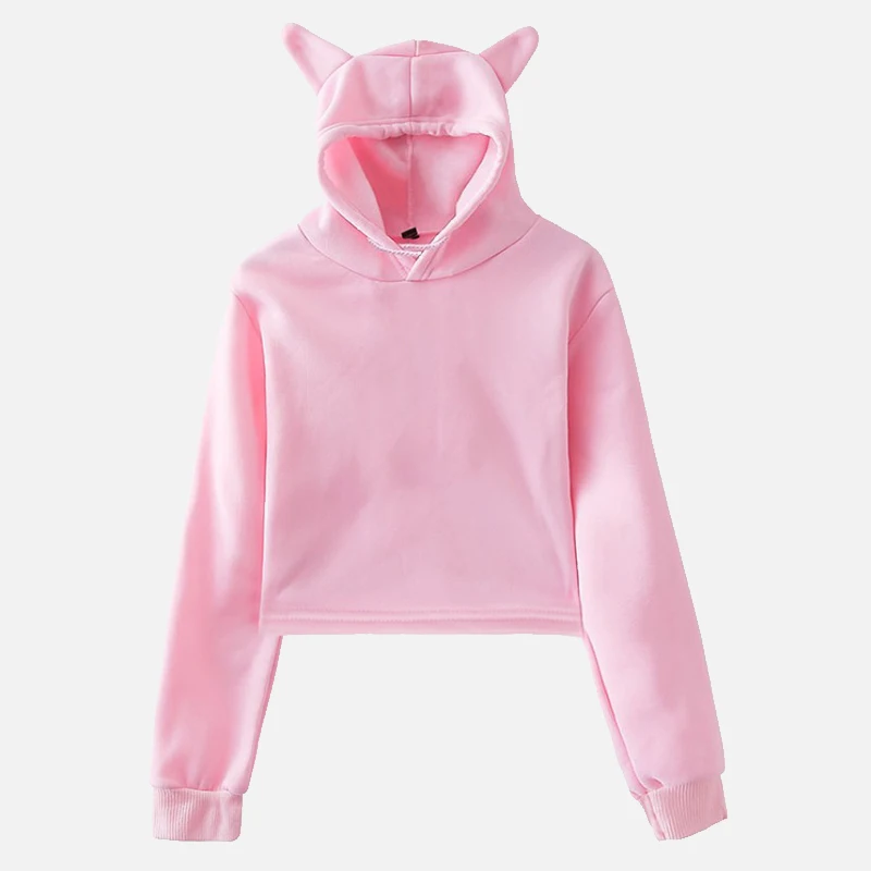 Pink 2 Укороченная Женская толстовка с длинным рукавом с кошачьими ушками и капюшоном, осенняя короткая женская толстовка, Весенняя уличная одежда, милая Женская толстовка с капюшоном - Цвет: Pink 2