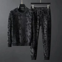 european and american new personality simple dark flower round neck long sleeved sweater trousers two piece mens suit