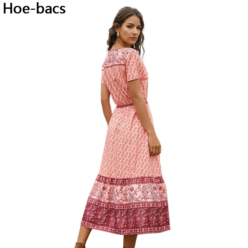 

2020 women summer bohemia printed beach dress short sleeved V-Neck befree dresses clothes for lady Hoe-bacs