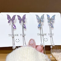 2020 new arrival korean vintage purple crystal butterfly long tassel women dangle earrings fashion elegant pendants jewelry gift