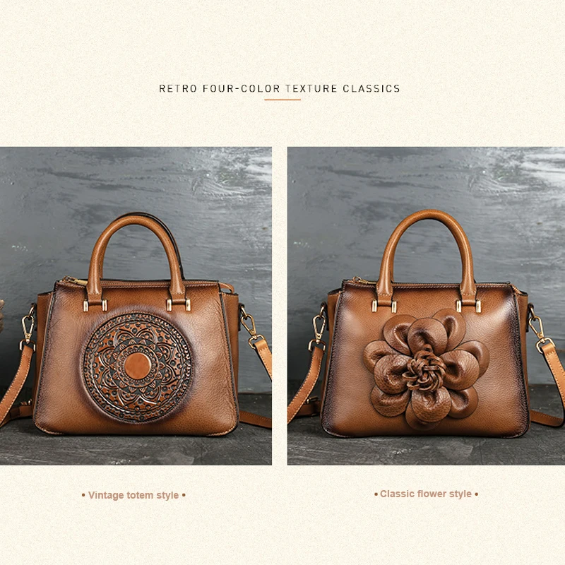 

2020 New Original Genuine Leather Totem Women's Handbag Embossed Shoulder Bags Female Retro Floral Cross Body Classic Square Bag