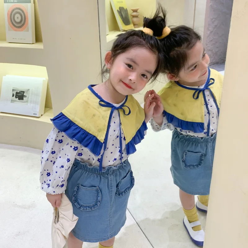 

Autumn New Arrival Korean style fashion flowers printed long sleeve shirt with big lace lapel for cute sweet baby girls