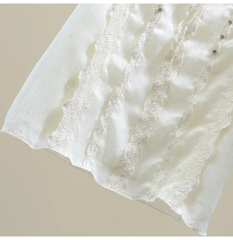 

2021 Summer Beads Diamond Short-Sleeved Lace Women Shirt Korean Style Loose Solid Blusas Puff Sleeve Pullover Chiffon Lady Top