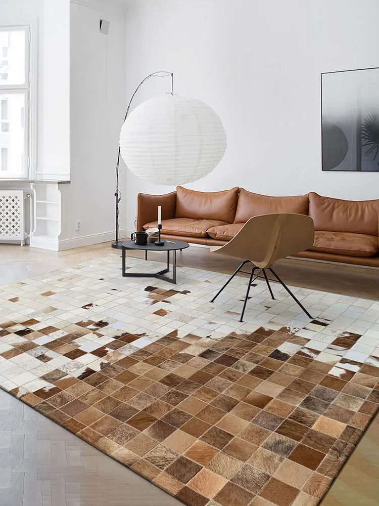 

Luxury Cowhide Fur Patchwork Area Rug Natural Brown Color Fur Carpet for Living Room Decoration Office Carpet Floor Mat