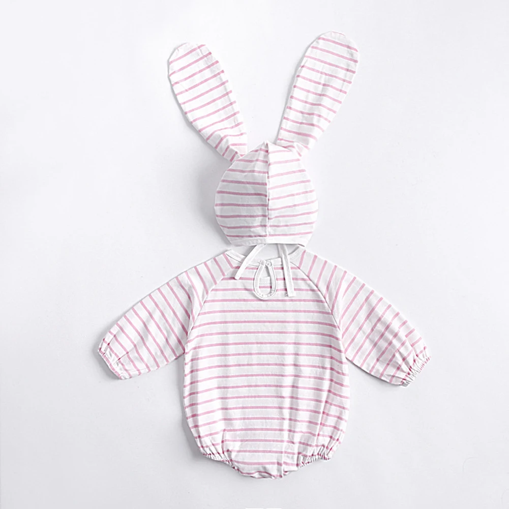 Infants 2019 Autumn Long Sleeve Sweet 100% Cotton Black White Pink Striped Bodysuit Baby+Rabbit Ear Hat Baby Girl | Мать и ребенок