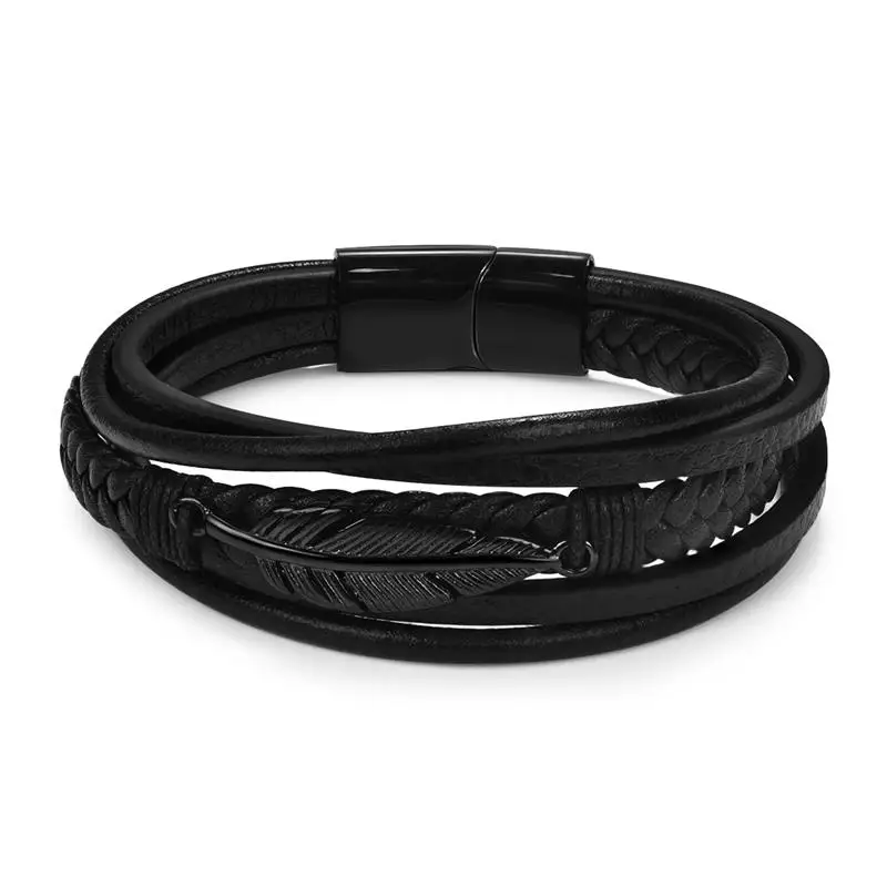 

Fashion Multi-Layer Genuine Leather Feather Shape Bracelet For Men Stainless Steel Magnetic Clasp Punk Bangles Male Jewelry