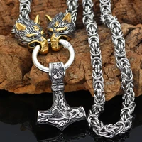 nordic thors hammer pendant necklace men wolf head stainless steel viking titanium steel amulet necklace sweater chain jewelry