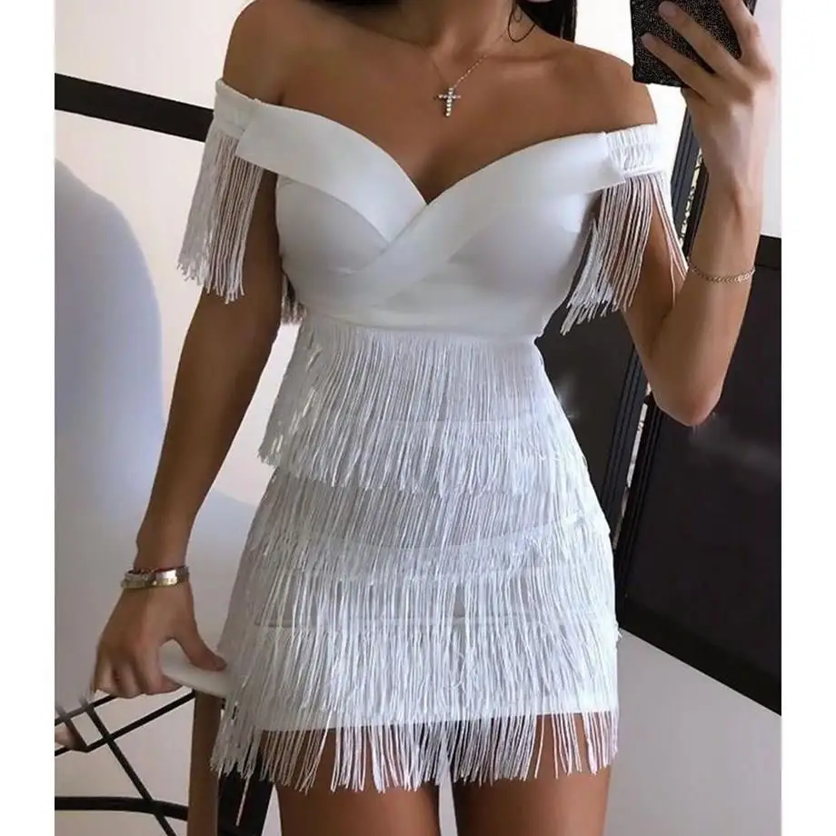 Slash Neck Fringe Pencil Dress Women Tassels Short Sleeve Mini Party High Waist Sexy Club White | Женская одежда