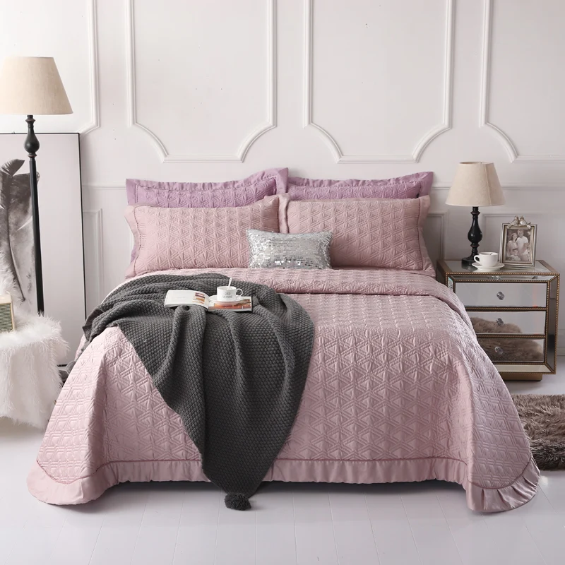 New Pink Soft tencel Quilting lace bed cover Bed Skirt Bedspread Sheet Cover Pillowcase Bedding Set 3pcs | Дом и сад