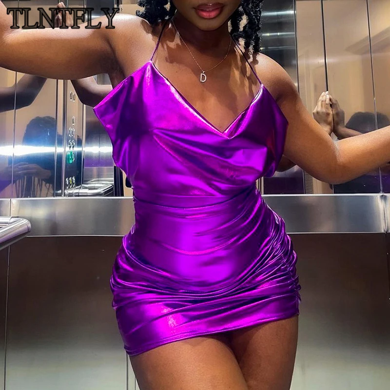 

TLNTFLY Spring 2022 Party Satin Dresses Women Evening Fashion Halter Neck Lace-Up Backless Hollow Slim Sexy Bag Hip Sling Dress