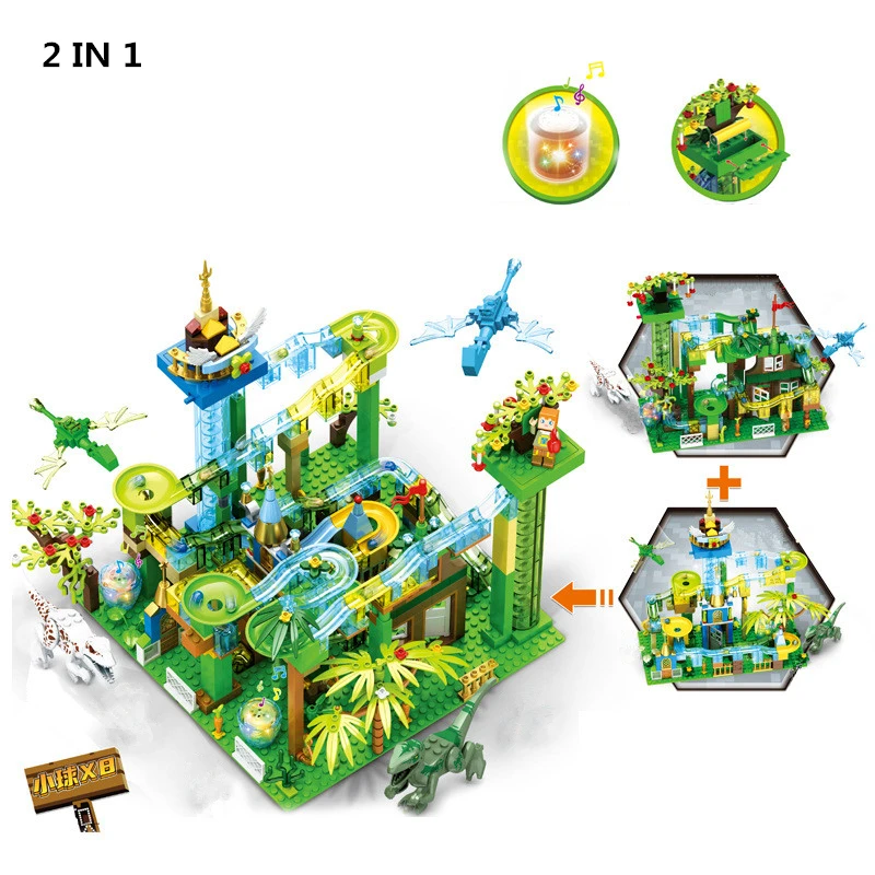 

With Lights Music Marble Race Run Electric Funnel Slide Track Small Building Blocks Bricks Jurassiced Dinosaur Park Kids Toys