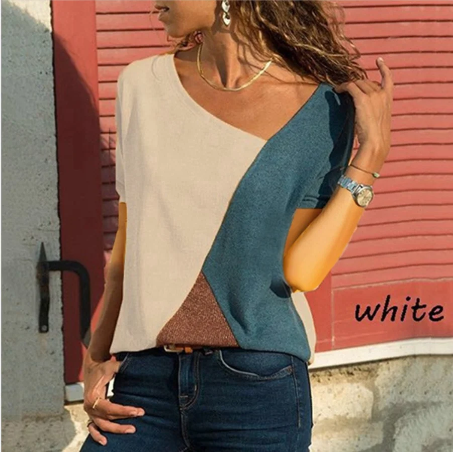 

Hot Women's Summer Stitching Short Sleeve Casual T Shirt Irregular Slant Collar Women's T Shirt Loose Tops