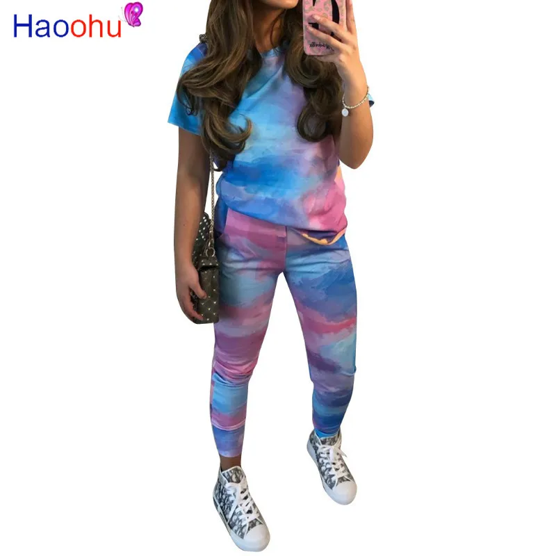 

HAOOHU Sport Women Tie Dye Print Two Piece Set Tee Tops Pocket side Jogger Sweatpants Suit Tracksuit Matching Set Outfit