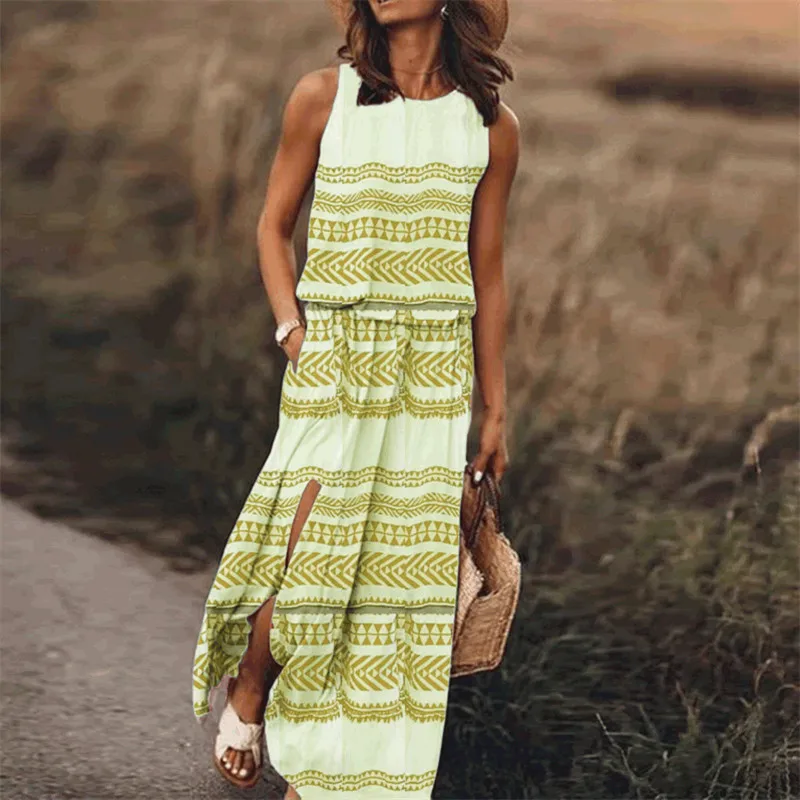 

Plus Size Bohemian Women Print Long Dress 2020 Summer O-neck Sleeveless Loose Dress for Ladies