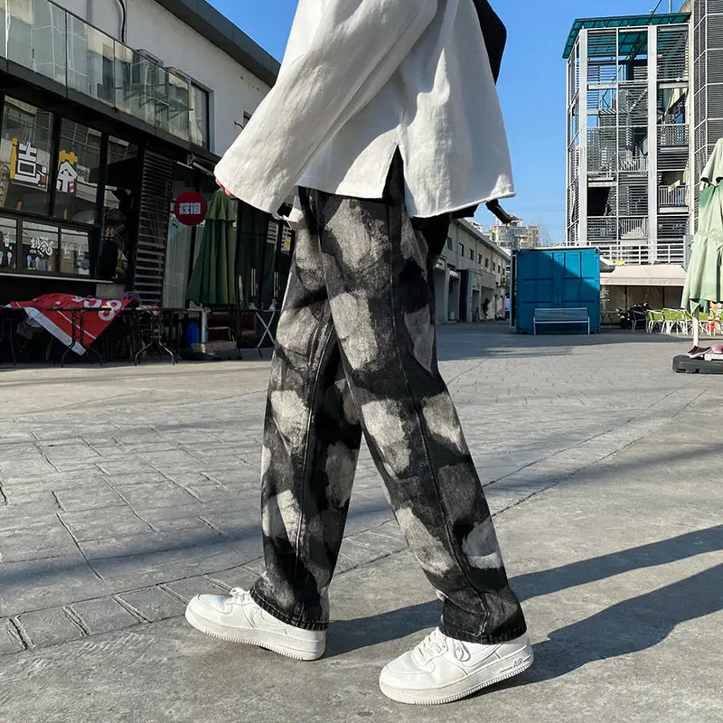 Korean Wide-leg Jeans Men's Fashion Printing Casual Retro Jeans Men Streetwear Loose Hip-hop Straight Denim Trousers Mens S-3XL