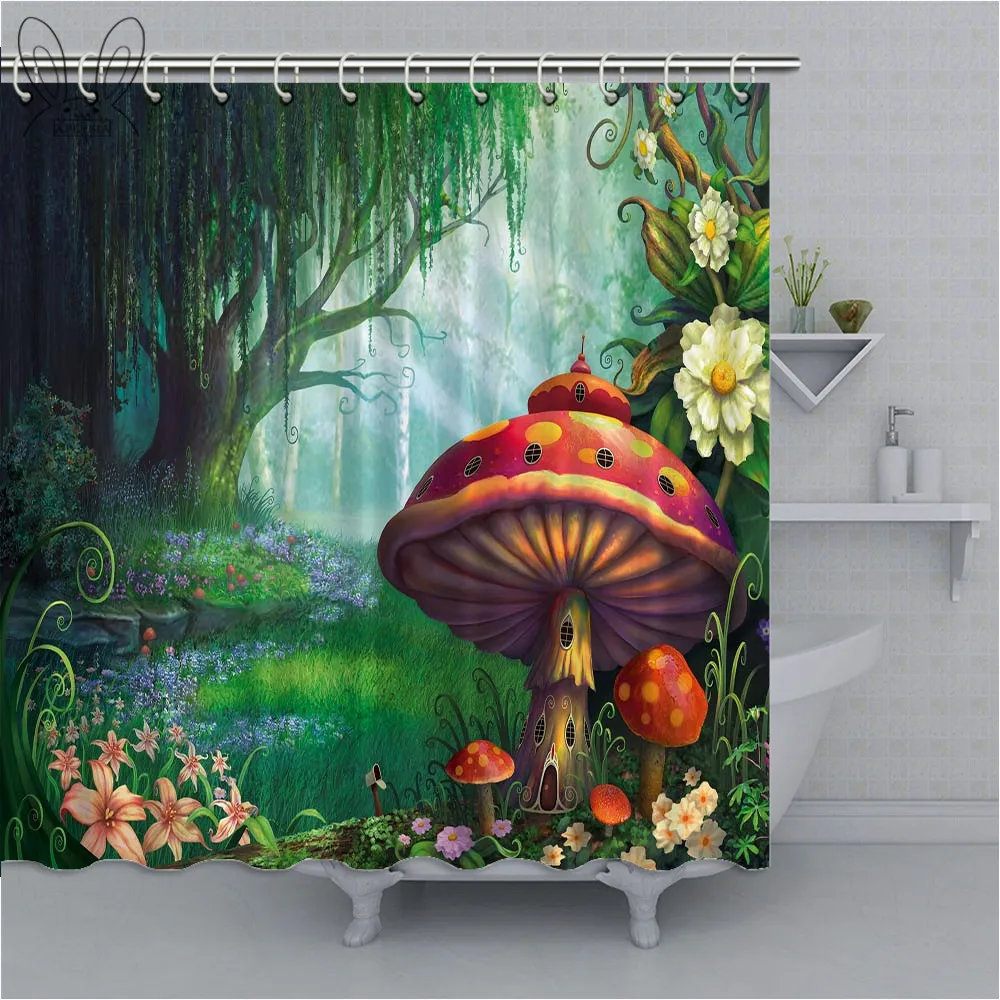 Занавеска для душа с рисунком деревьев и грибов | Дом сад