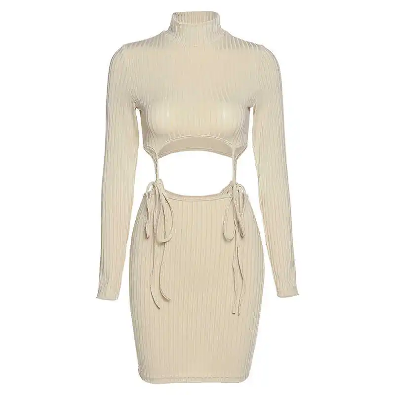 

Out O Neck Dress For Women Solid Long Sleeve Mini Dresses Skinny Partywear Female