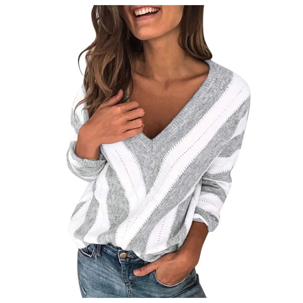 

Women's Autumn Winter Striped Long Sleeve V Neck Knit Sweater Ladies Casual Jumper Loose Pullover Sweater