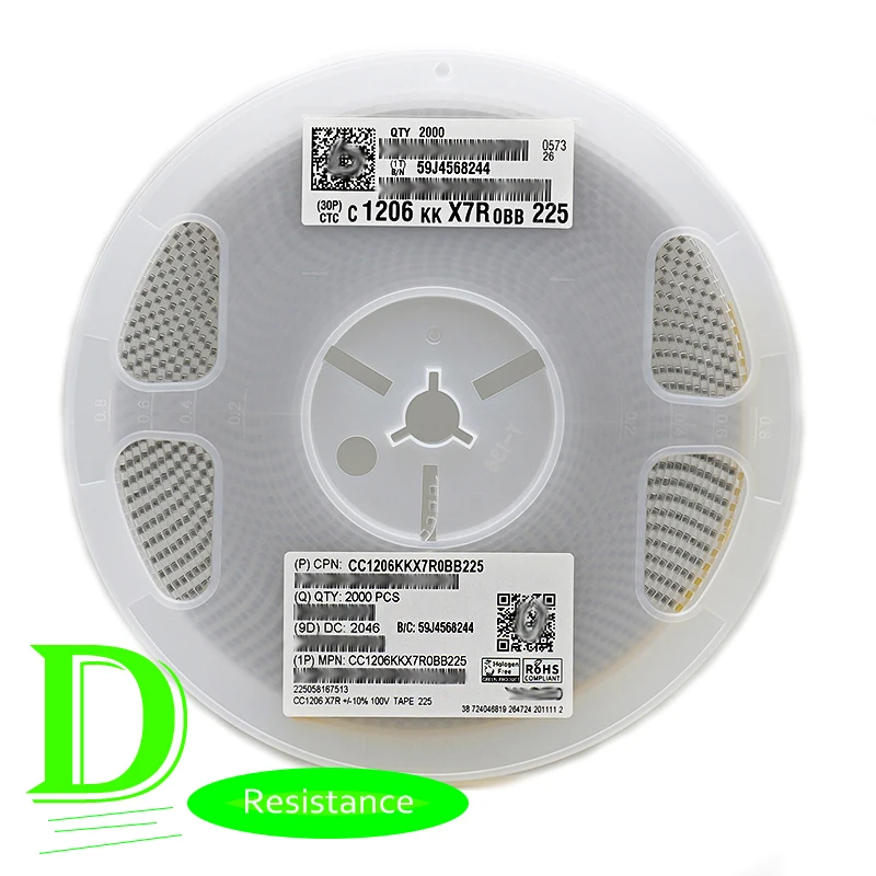 

Керамический конденсатор SMD 2000 мкФ, 1206K, 2,2 в, CC1206KKX7R0BB225, 225 шт.