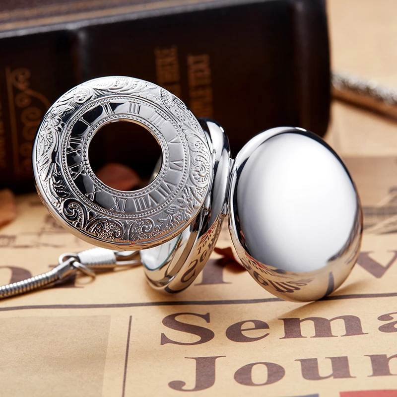 Roman Numeral Luxury Elegant Copper Mechanical Pocket Watch Sliver Case Steampunk Dual Open Skeleton Fob Chain Clock for Men