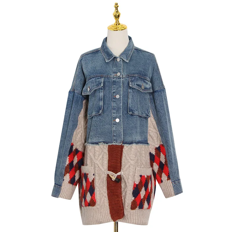 

Coat the new spring 2021 fashion leisure female long coat lapel cowboy splicing single-breasted