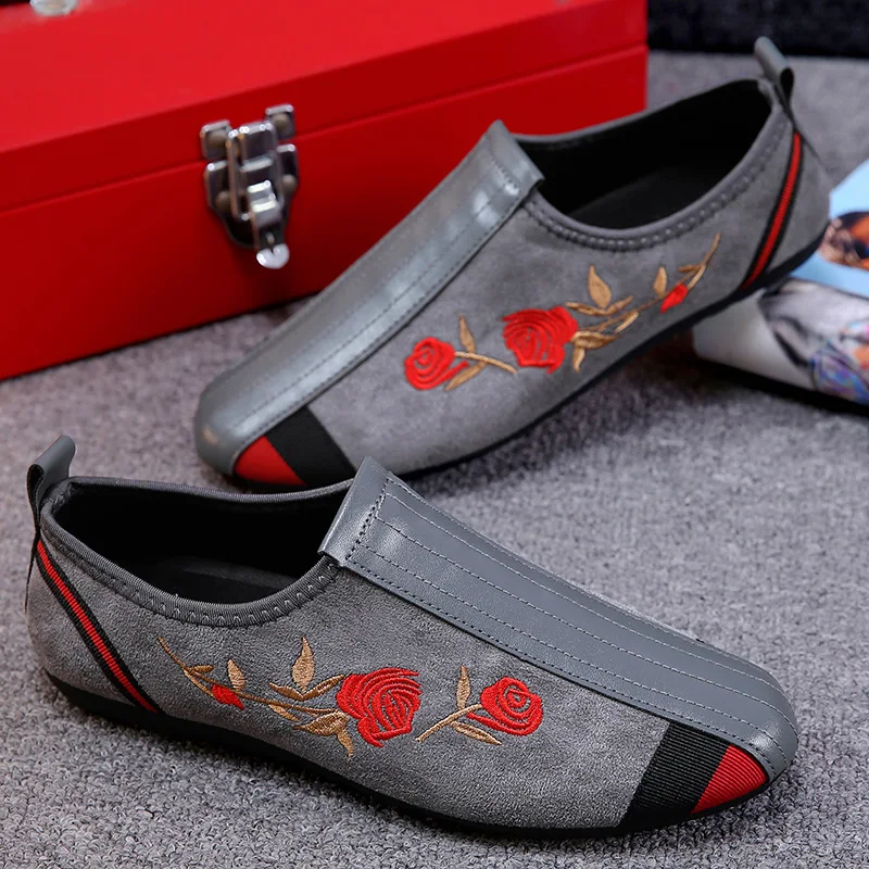 Мужские мокасины с красной вышитой розой лоскутные лоферы из искусственной