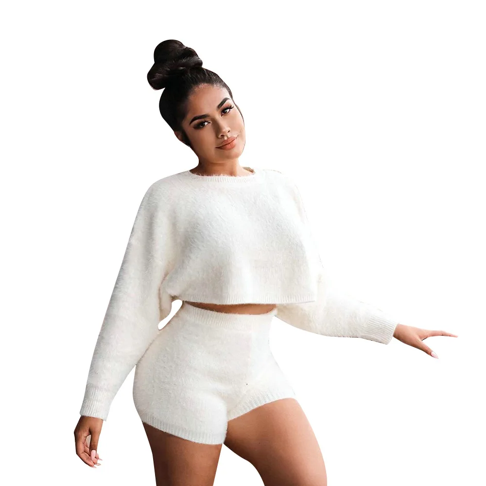 

Donsignet Women's Suit New Fashion Sexy Round Neck Pullover Casual Short Solid Color Long Sleeve Two-piece Suit Office Lady