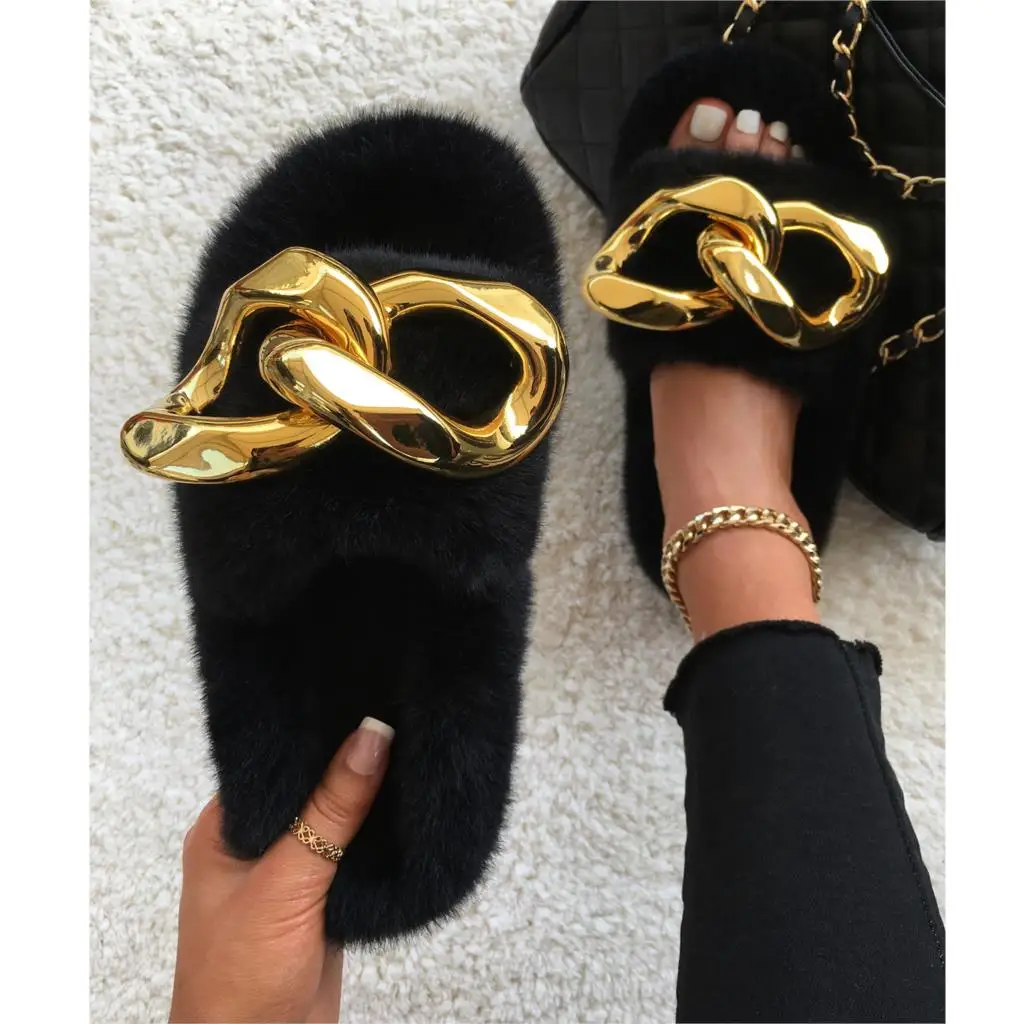 

Furry Fur Slides Gold Chain Plush Slippers Fluffy Flip Flops Designer Faux Fur Slippers Cozy Slip On Flats Women's Fashion Shoes