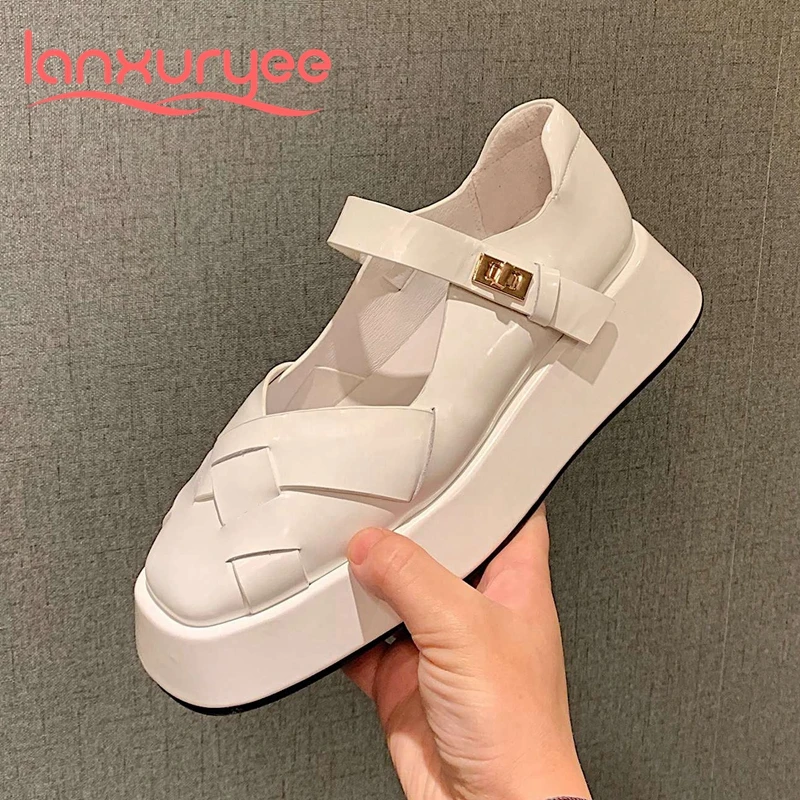 

Lanxuryee split leather square toe thick bottom classic colors buckle strap beauty lady daily wear women vulcanized shoes L10