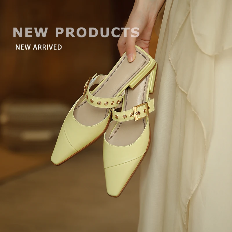 

INS HOT Women's Slippers natural leather 22-24.5cm length Women's summer shoes outdoor fashion Square heel designer slides