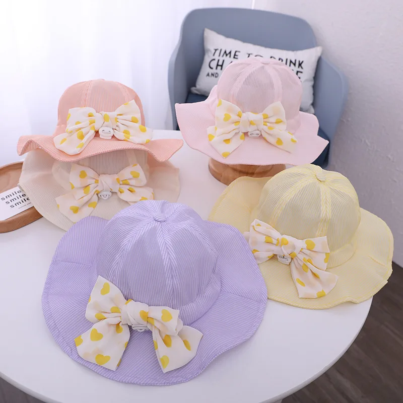 

Шляпа-Панама с принтом в виде сердца и бантом для маленьких девочек, регулируемая Женская шляпа с большими полями, на весну и лето, для улицы,...