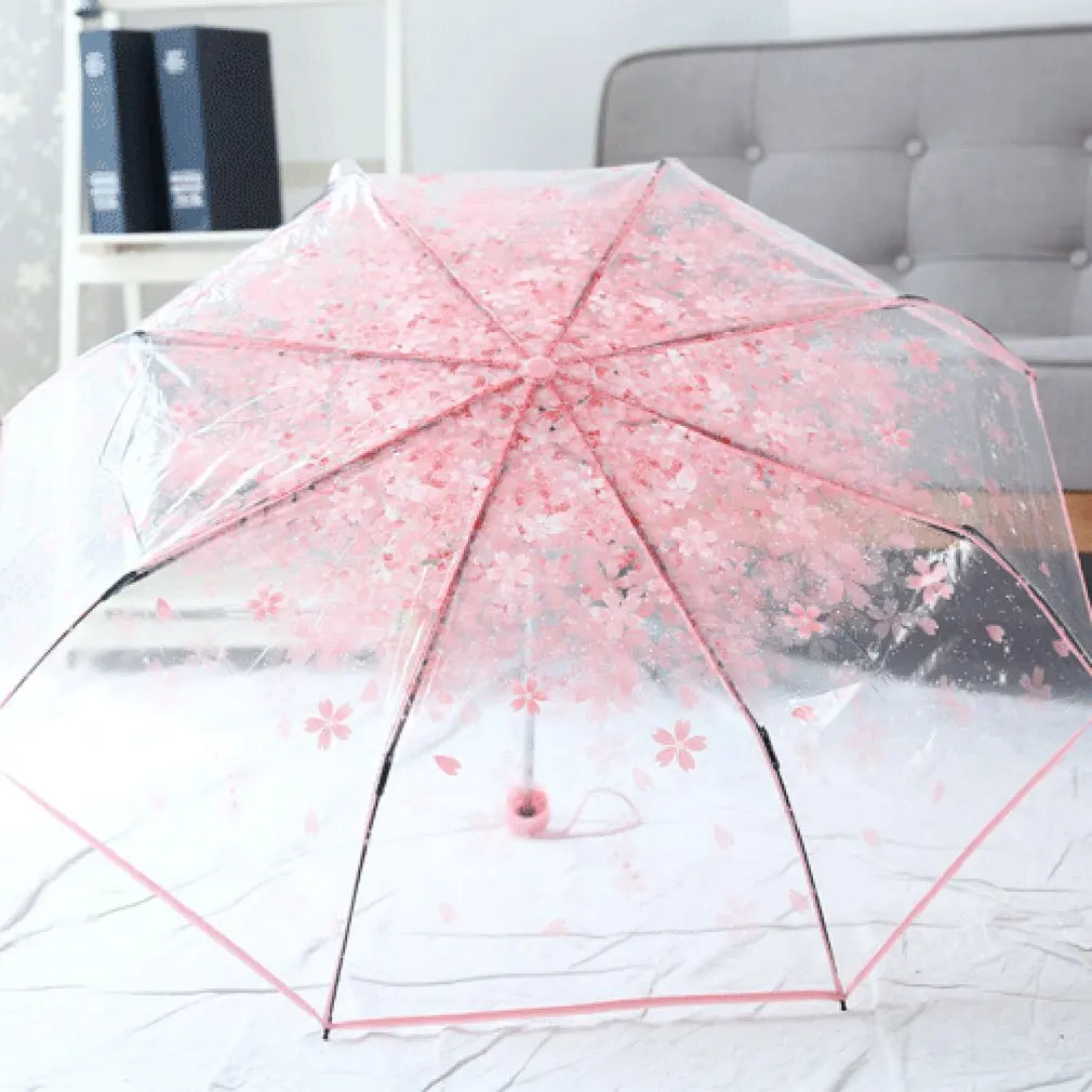 Folding Cherry Umbrella Transparent Clear Three 8 Rib Windproof Umbrellas Women Rain Newest | Дом и сад