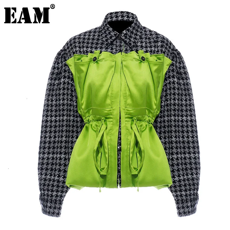 

[EAM] Loose Fit Plaid Drawstring Split Big Size Jacket New Lapel Long Sleeve Women Coat Fashion Tide Spring Autumn 2021 1H203