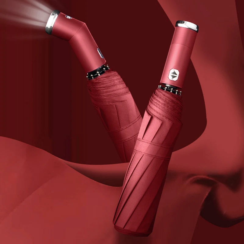 

Windproof LED Sun & Rain Umbrella Fully Automatic 10 Ribs Umbrellas with 3 Fold Dual Use Unisex XHC88