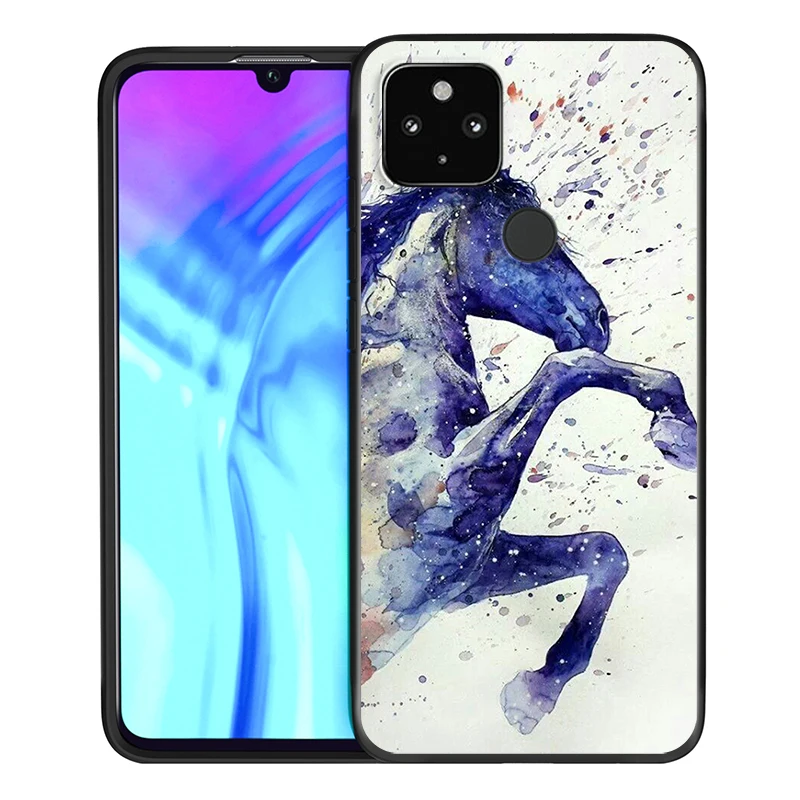 

Cute Horse Oil Painting Shockproof Cover for Google Pixel 5 4 4a XL 5G Black TPU Soft Phone Case