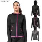 Женские спортивные рубашки для йоги VEQKING, быстросохнущая куртка с длинным рукавом и капюшоном на молнии для спортзала и йоги, дышащий топ для бега и фитнеса