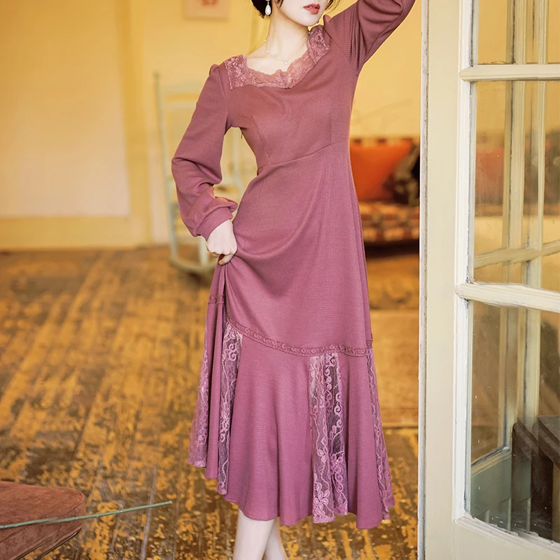 

Женское трикотажное платье-юбка, элегантное платье с кружевной вышивкой и квадратным вырезом, элегантное дизайнерское платье для весны 2019