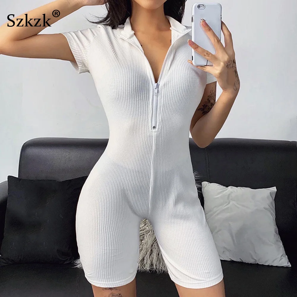 

Szkzk Black White Bodycon Playsuit Women Sexy Knit Ribbed Jumpsuit 2020 Short Sleeve Zip Up Tight Fitted Romper Jumpsuits Shorts