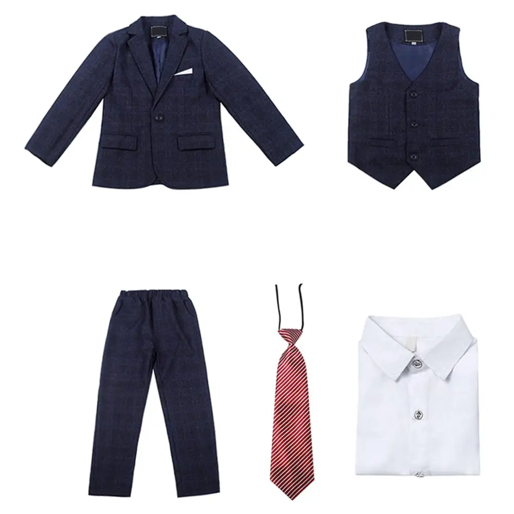 

YUNCLOS Children Suits British Classic Casual Suits Boy's Five-Piece Solid Suit (Blazer +Shirt+ Vest + Pants + Bow Tie)