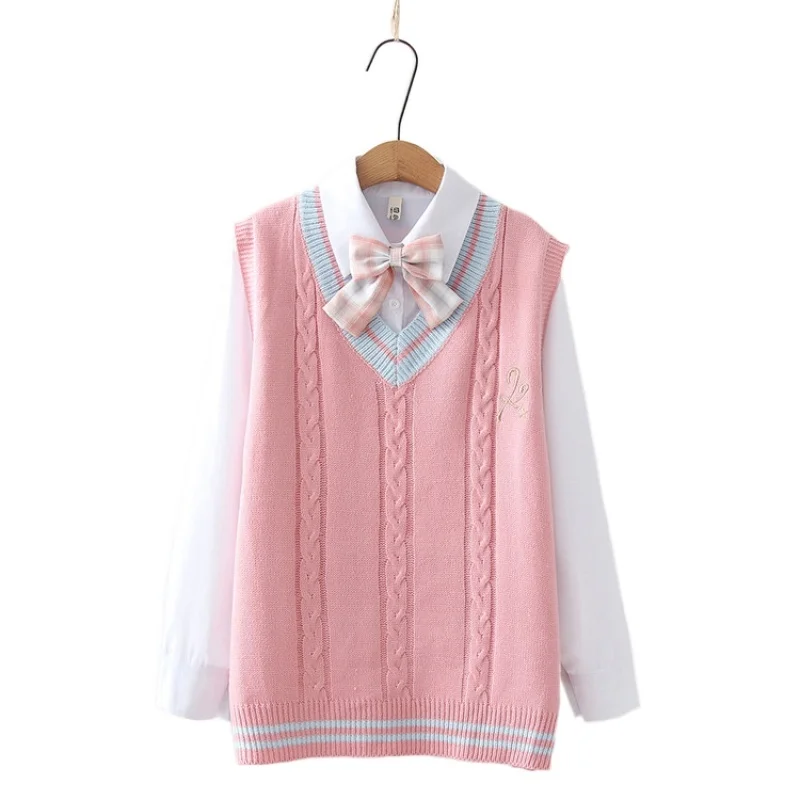 

Women Solid Twisted Flower Knit Sweater Vest and Long Sleeve Turndown Collar Cotton Bow Shirt 2021 Winter 2 Piece Sets Clothing