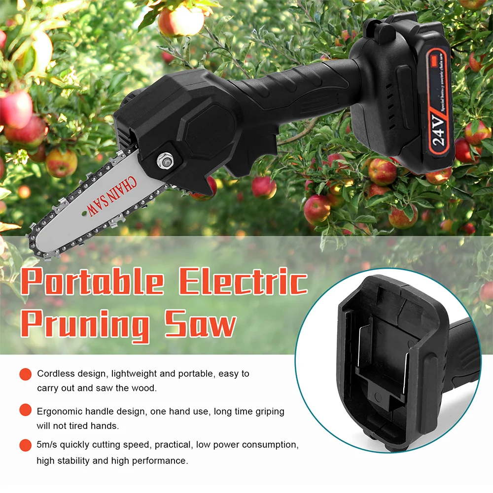

4-Inch Mini Chainsaw 24V Cordless Electric Portable Chainsaw Garden Tree Branch Wood Cutting Chainsaw Extra 3x Chain 2x Battery