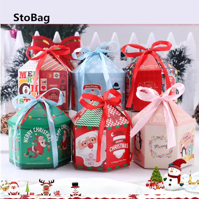 

StoBag 10pcs Christmas House Shape Candy Cookies Packaging Paper Box Party Gift Kids Favour Santa Claus Pendant Snack Supplies