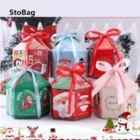 stobag 10pcs christmas house shape candy cookies packaging paper box party gift kids favour santa claus pendant snack supplies