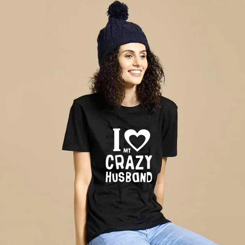 Sweet Couple's Fashion Couple T-shirt I Love My Crazy Husband Wife Printing Roung Collar Short Sleeve Pullover Tops 2020 Summer
