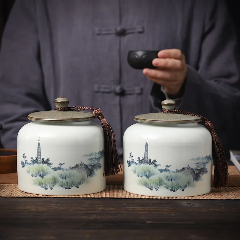 

Landscape Painting Ceramic Tea Caddy Moisture-proof Sealed Storage Jar Bottle Kitchen Food Storage Container Desktop Decoration