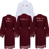 burgundy solid rayon cotton kimono robes lace robe women wedding bridal robe bathrobe sleepwear white rose gold print