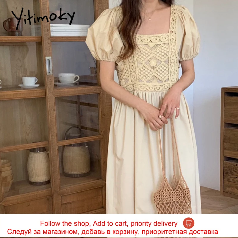 

Yitimoky Vintage Woman Dress Square Collar Puff Sleeve Fashion Lace Hook Flower Spliced 2021 Summer New Elegant Loose Dresses